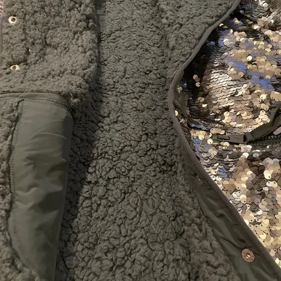 Free People Hit The Slopes Silver Sequin Jacket Fleece Lining Zip Pockets Xl - Picture 7 of 9